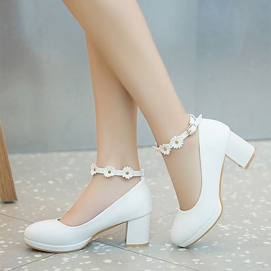 Shoes Ankle Flower Block White Daisy Girls' with Heel