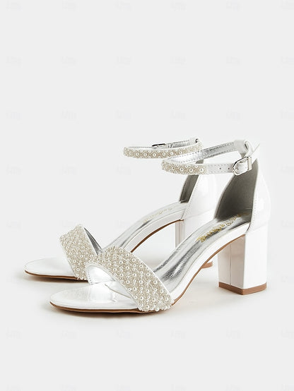 Ankle Strap Pearl-Embellished Heels Ivory Open-Toe for with
