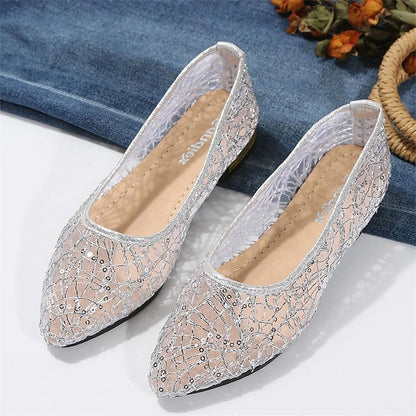 Flats Sequin Silver Ballet – Elegant Mesh Women's