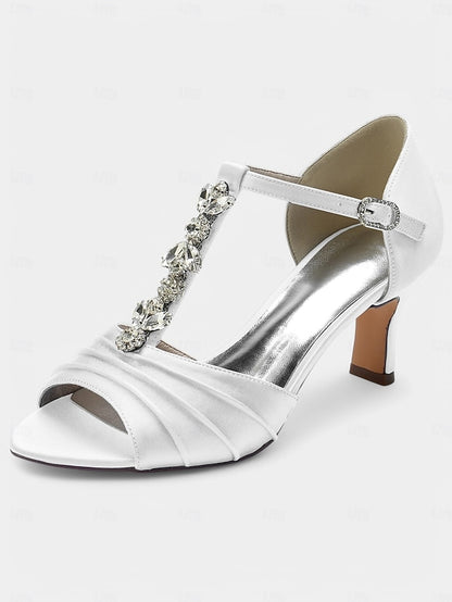 Crystal Detail Heels – Open-Toe Satin White with Bridal