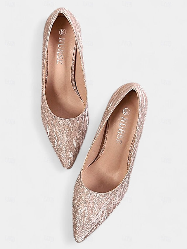Heels Toe with Champagne Stiletto Glitter Pointed Women's