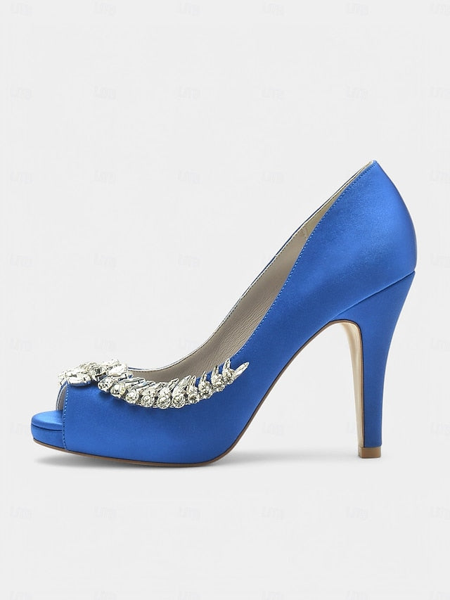 Satin Crystal Blue Heels Luxury – Peep-Toe Embellishment with