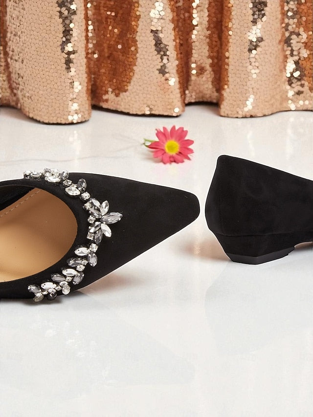 Black Toe Flats Rhinestone Women's Pointed Suede with