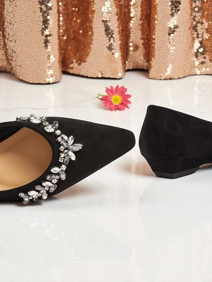 Black Toe Flats Rhinestone Women's Pointed Suede with