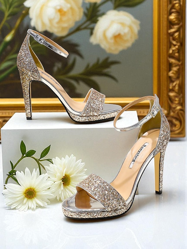 with Women's Strap Glitter Sandals High Silver Heel Ankle