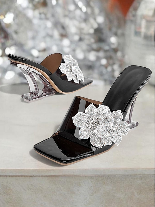 Mules Patent with Black Leather Flower Rhinestone Women's