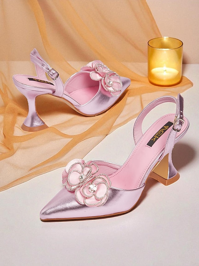 Pointed Floral Heels Toe Satin Pink Women's with