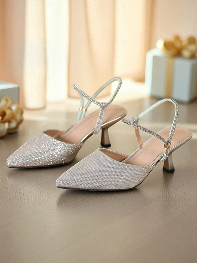 with Pointed Slingback Heels Silver Toe Glitter Women's