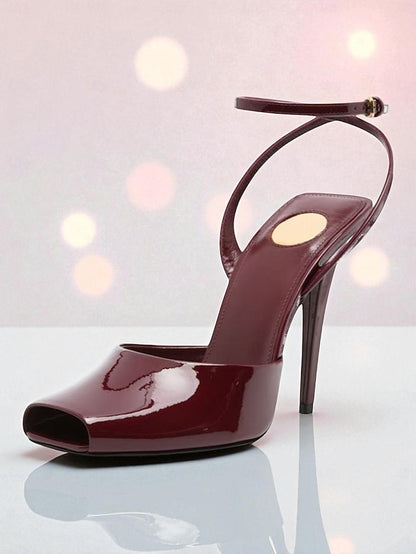 Peep High - Heels Leather Green Women's Toe Dark Patent