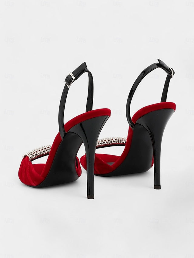 Accent Rhinestone Stiletto Red Bold – Velvet Heels with