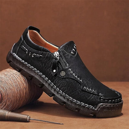 Men's Brown Faux Leather Slip-On Loafers with Side Zipper