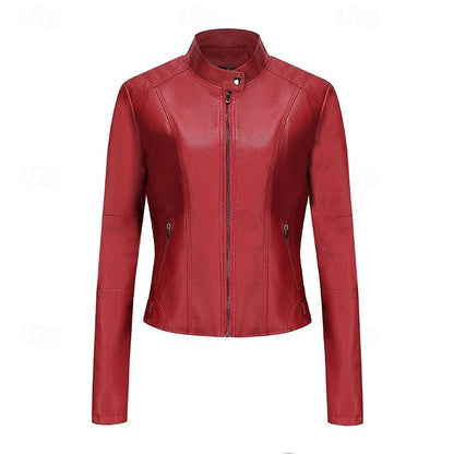 Zipper Jacket Pocket Faux Leather Women's Comfortable