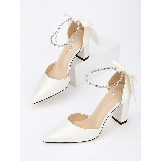 Pumps Toe - Elegant Pointed Satin Heel Women's Block Ankle