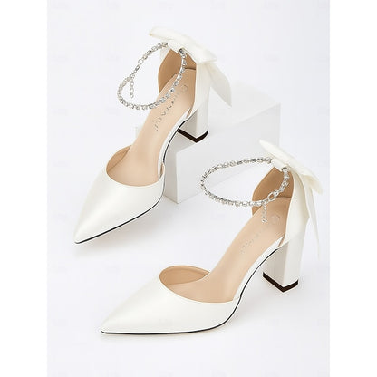 Block Satin Women's Pointed - Elegant Pumps Toe Ankle Heel