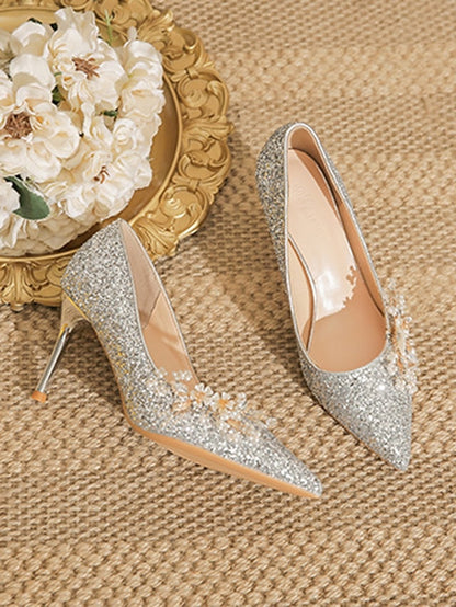 Glitter with Stiletto Silver Floral Heels Women's