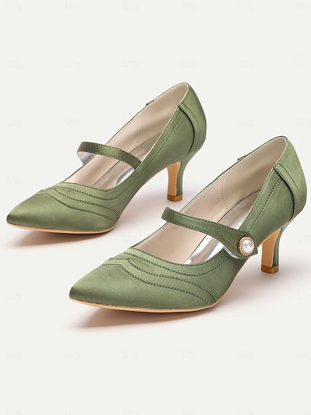 Green Button Satin Jane - with Heels Pearl Elegant Mary