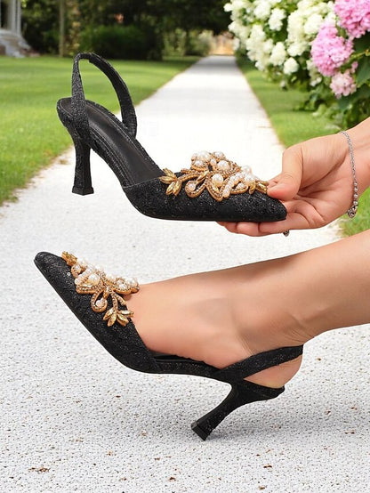 Black with Women's - Slingback Heels Detailing Pearl Satin