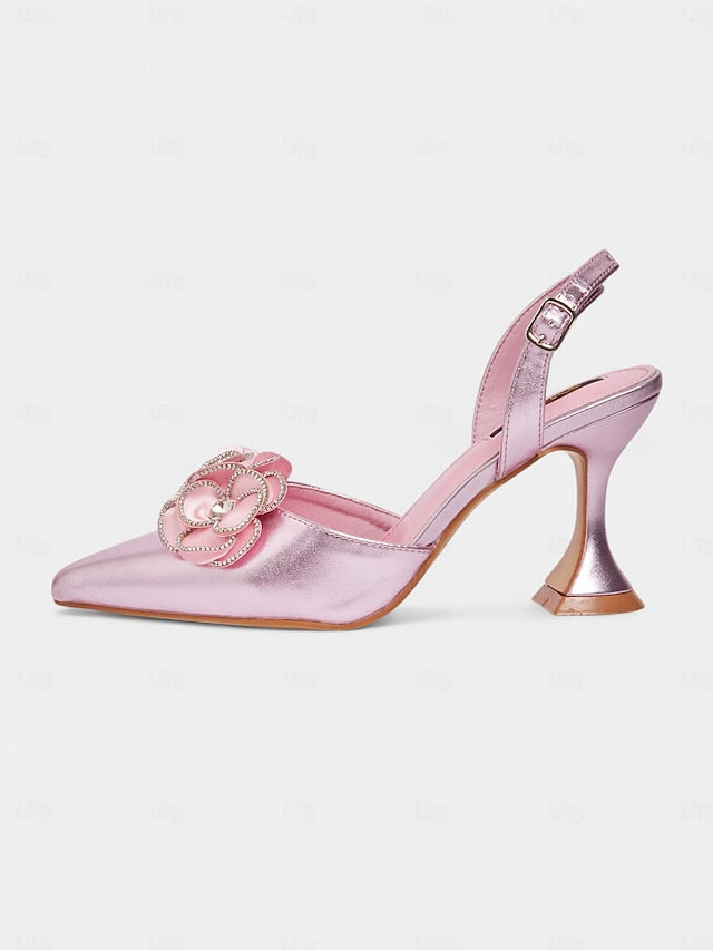 Pointed Floral Heels Toe Satin Pink Women's with