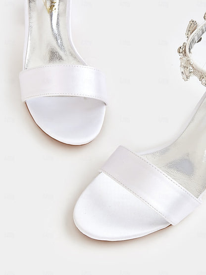 Sandals Satin Bridal Ankle Heel with Floral Block White Strap