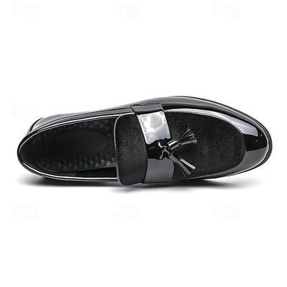 Velvet Men's Leather Patent Faux – Loafers Tassel Black