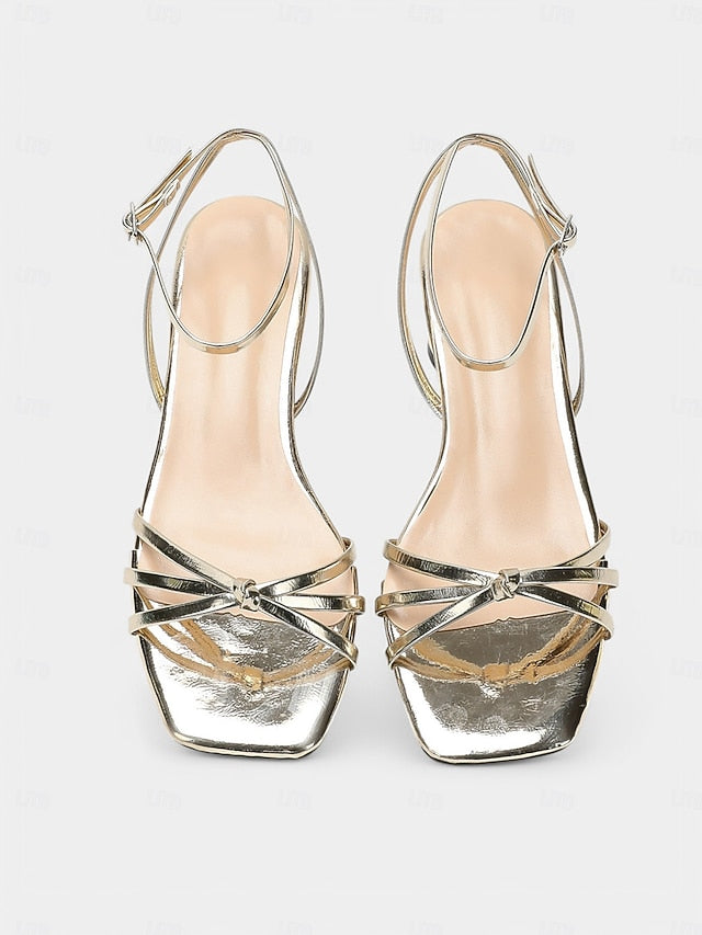 Strap Block Ankle – Metallic Heels Gold Shiny Women's