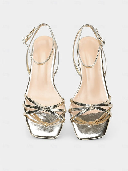 Strap Block Ankle – Metallic Heels Gold Shiny Women's