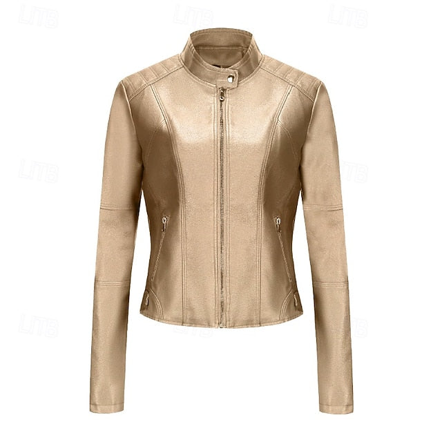 Zipper Jacket Pocket Faux Leather Women's Comfortable