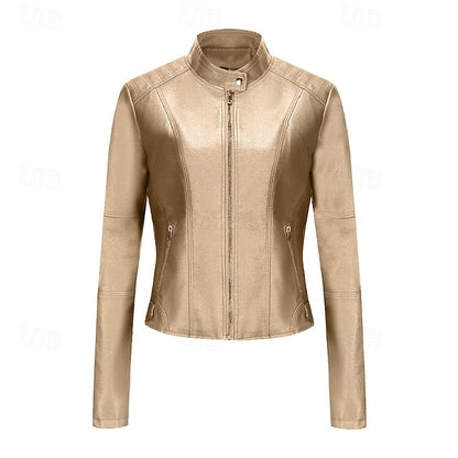 Zipper Jacket Pocket Faux Leather Women's Comfortable