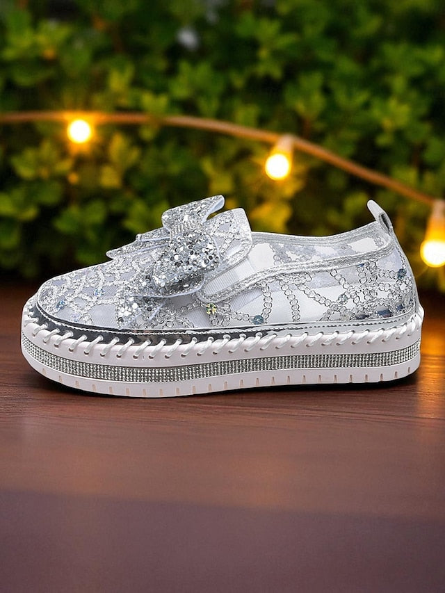 Black Shoes Women's Bow with Slip-On Lace Rhinestone