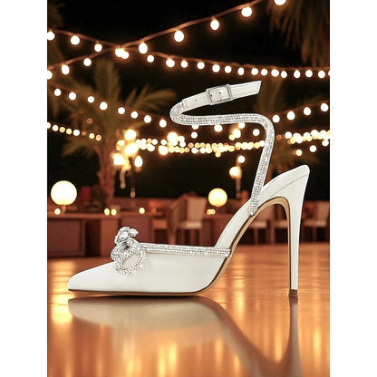and Satin Bow Women's Black Heels with Rhinestone Stiletto