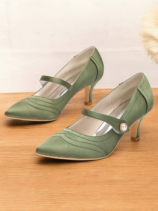 Green Button Satin Jane - with Heels Pearl Elegant Mary