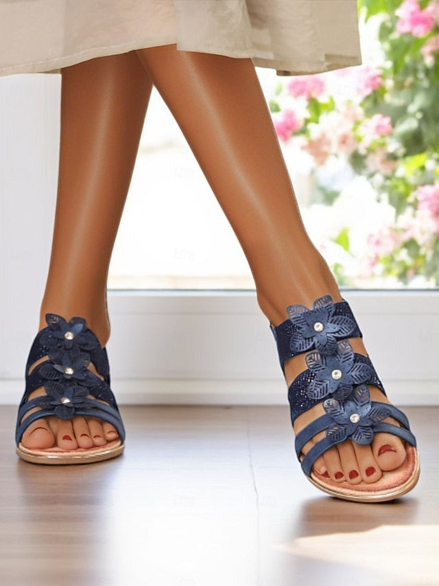 Elegant Rhinestone Flat Floral – Sandals Women's Beige