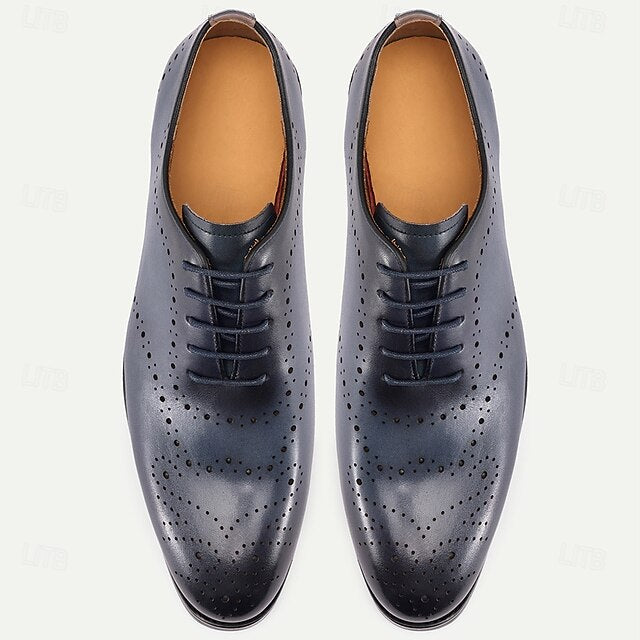 Blue Cowhide Shoes Men's Classic Oxford Genuine Navy