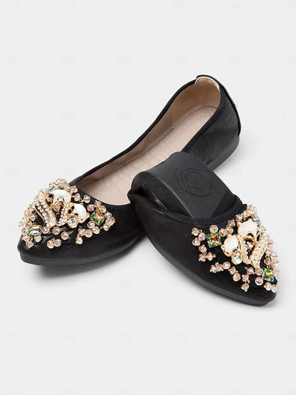 Rhinestone Women's Foldable Flats Ballet Black with