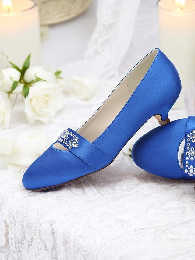 Rhinestone Satin Blue with Kitten Women's Heels