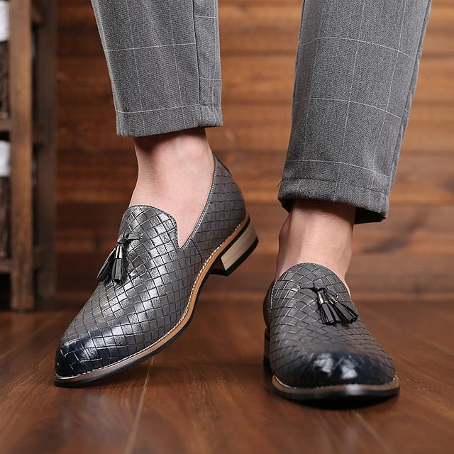 with Tassel Leather Faux Detail Men's Loafers Woven Black