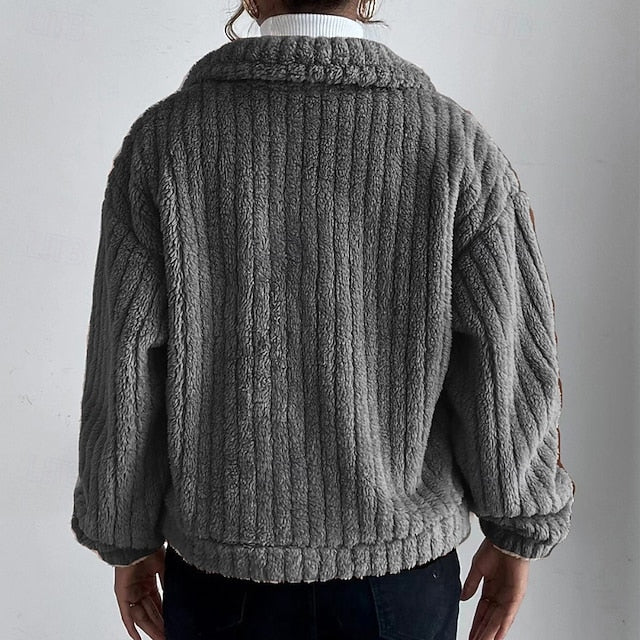 Casual Warm Teddy Plain Coat Women's Buttons Comfortable