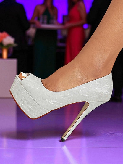 Platform Subtle Peep-Toe Silver with Heels Pattern Women's