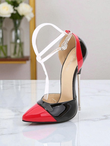 Black and Stiletto Red Leather Women's Toe Patent Pointed