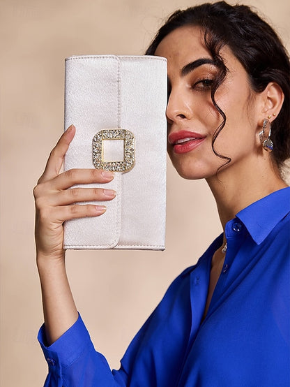 Rhinestone Women's with Elegant White - Clutch Satin Buckle