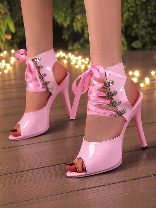 Lace-Up Black Cutout Women's - Stiletto Patent Sexy Sandals