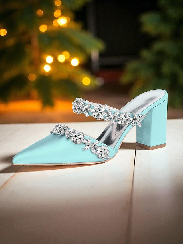 Women's Floral Satin Black Rhinestone Heel Mules Block with