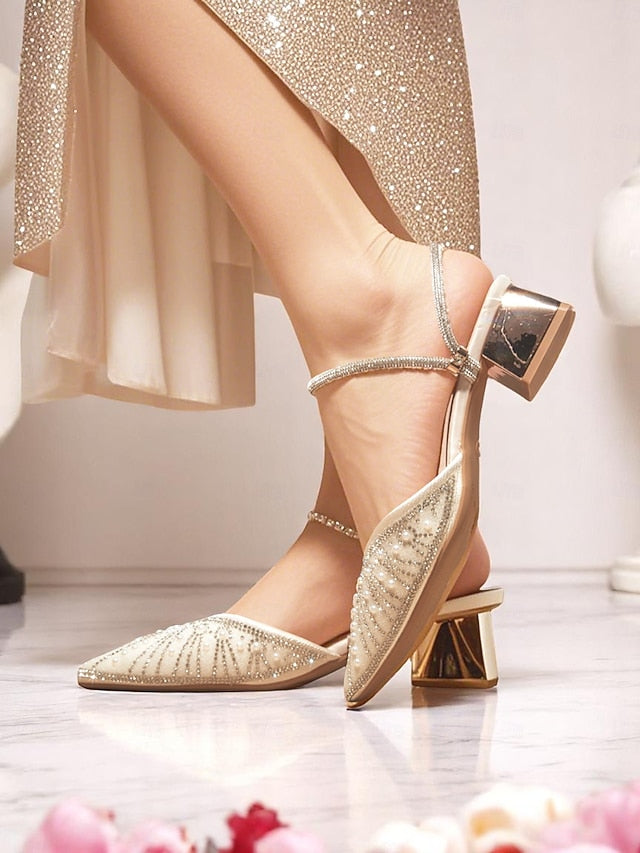 Pointed and Ivory Block Heels Women's Pearl with Toe