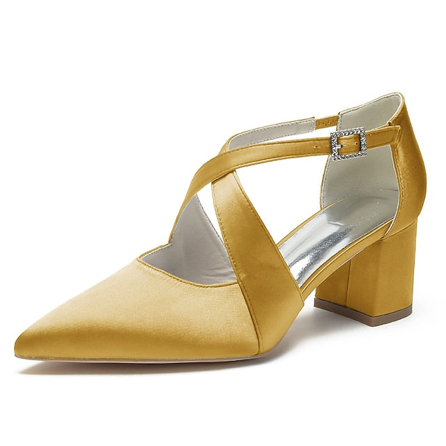 Elegant Block White Pointed Women's – Heels Satin Toe