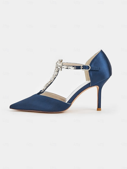 T-Strap Toe – Heels Pointed Women's Satin Blue Navy