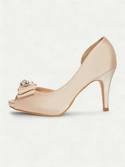 with Champagne Bow Women's and Peep Satin Heels Toe