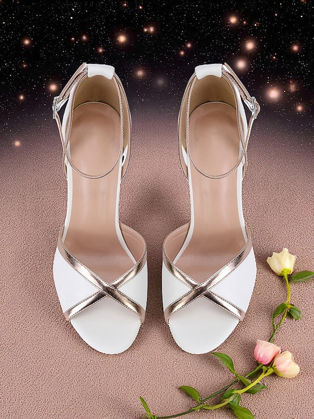 Metallic Block White Strap Ankle Sandals Heel with Women's