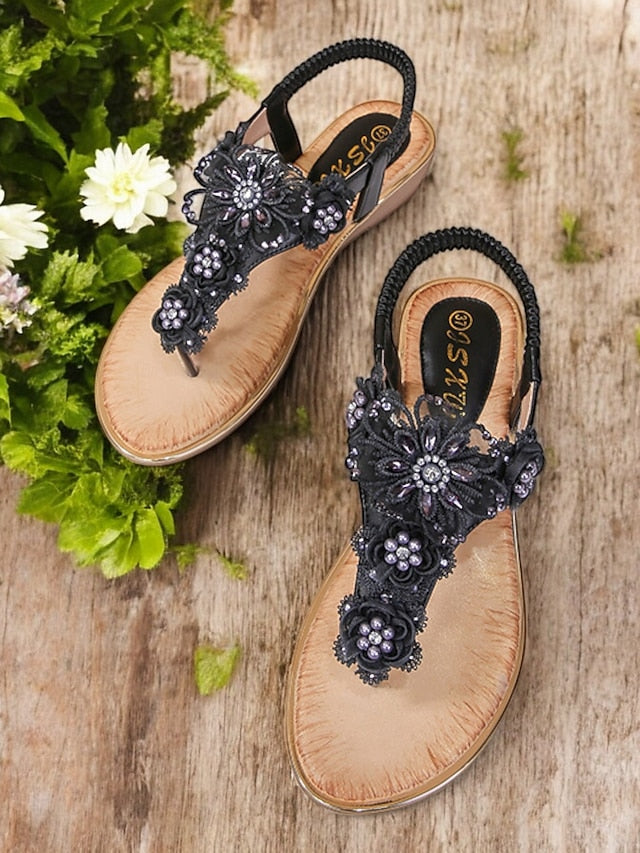 T-Strap Lace Pink Women's Sandals Floral Embellished –