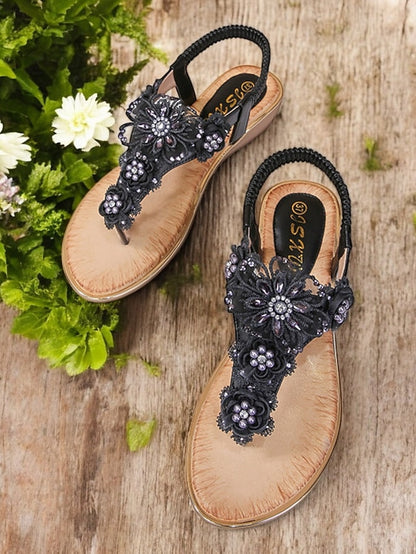 T-Strap Lace Pink Women's Sandals Floral Embellished –