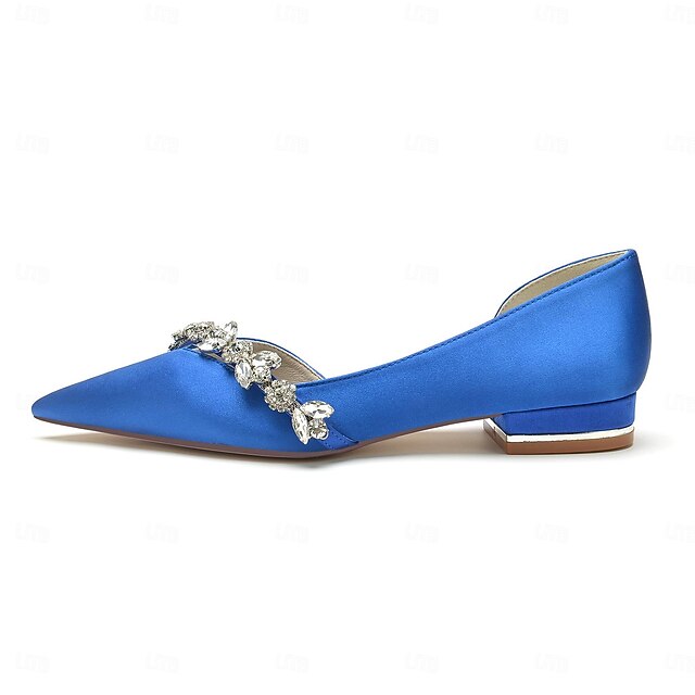 and Crystal with Satin Shoes White Toe Pointed Flat Wedding